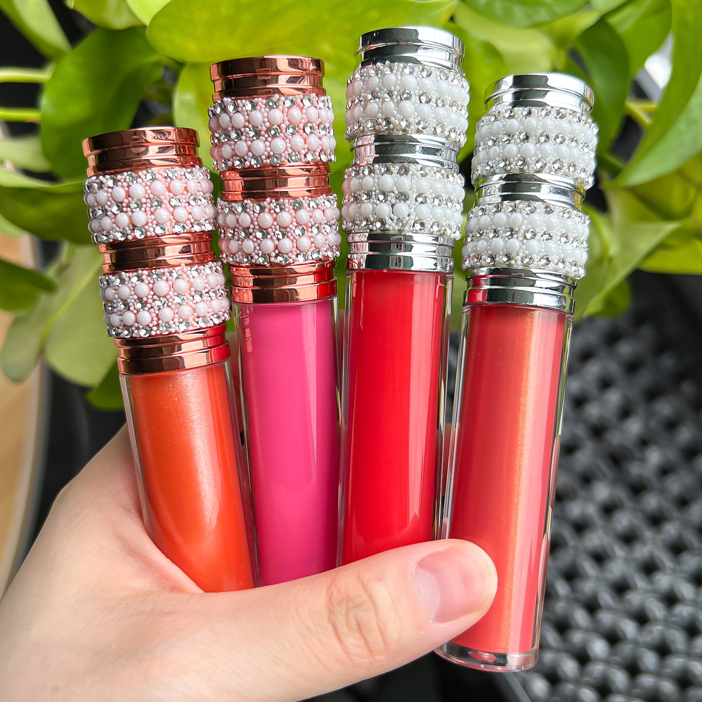 Luxurious Gold and Silver Cap Lip Gloss in Round Tube Adorned with Pearl and Diamond Embellished Caps, P49 Series