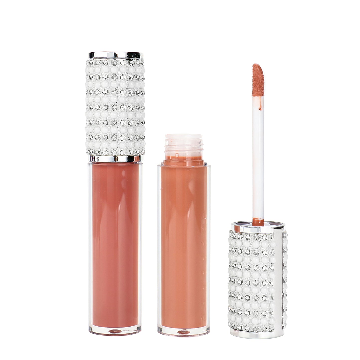 Luxurious Gold and Silver Cap Lip Gloss in Round Tube Adorned with Pearl and Diamond Embellished Caps, P49 Series