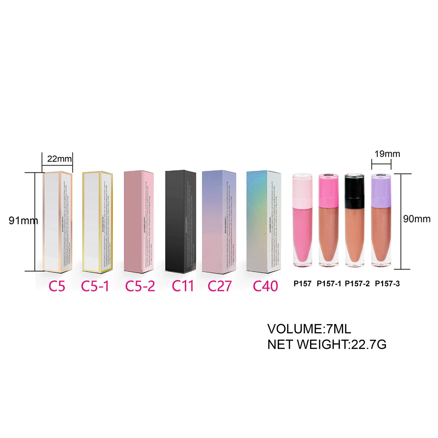 Simple Round Lip Gloss Tubes with Multi-Colored Caps in Purple, Pink, Hot Pink, and Black, P157 Series