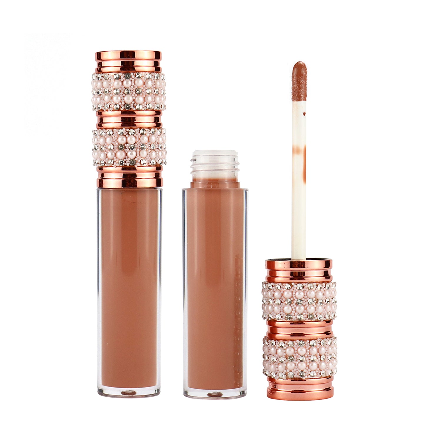 Luxurious Gold and Silver Cap Lip Gloss in Round Tube Adorned with Pearl and Diamond Embellished Caps, P49 Series