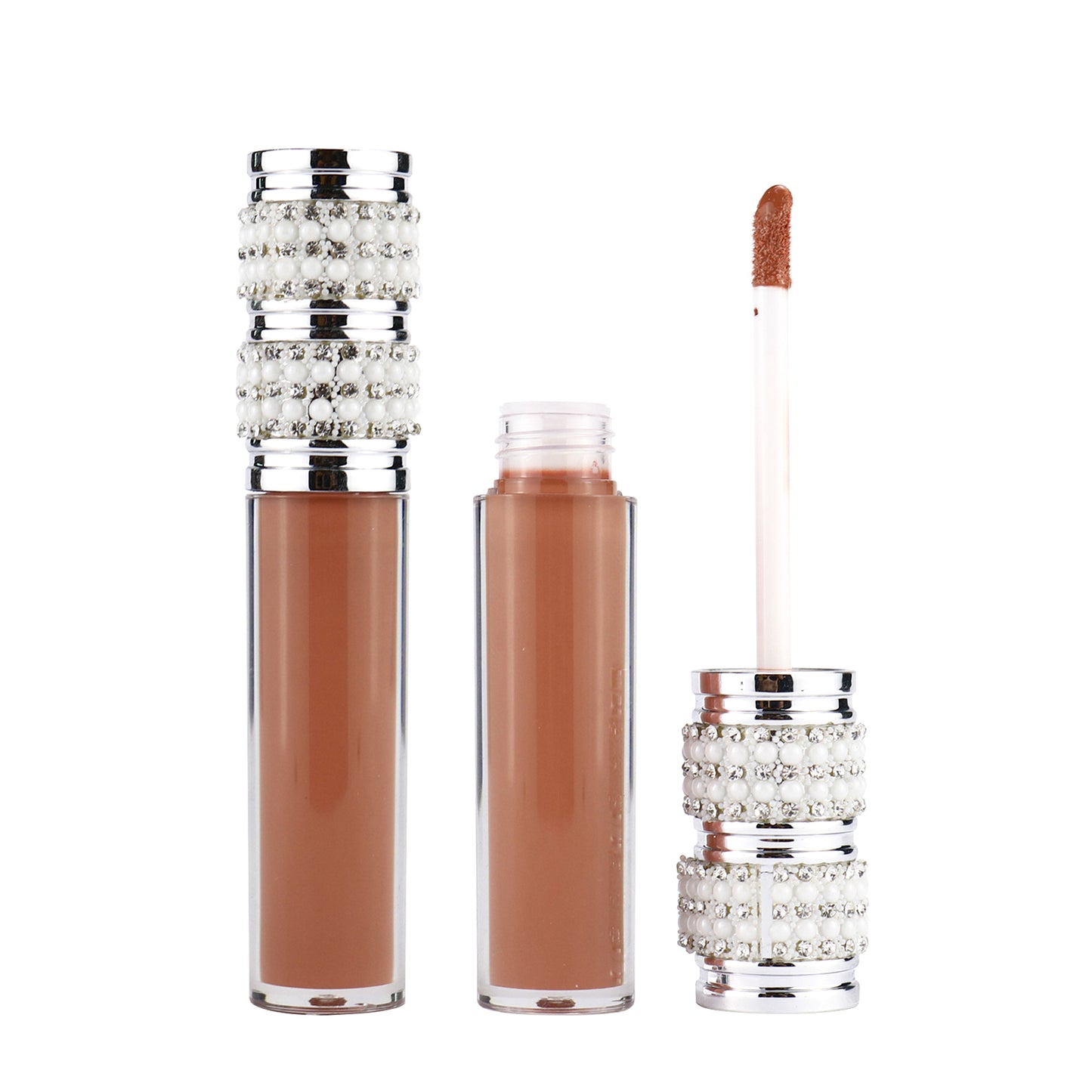 Luxurious Gold and Silver Cap Lip Gloss in Round Tube Adorned with Pearl and Diamond Embellished Caps, P49 Series