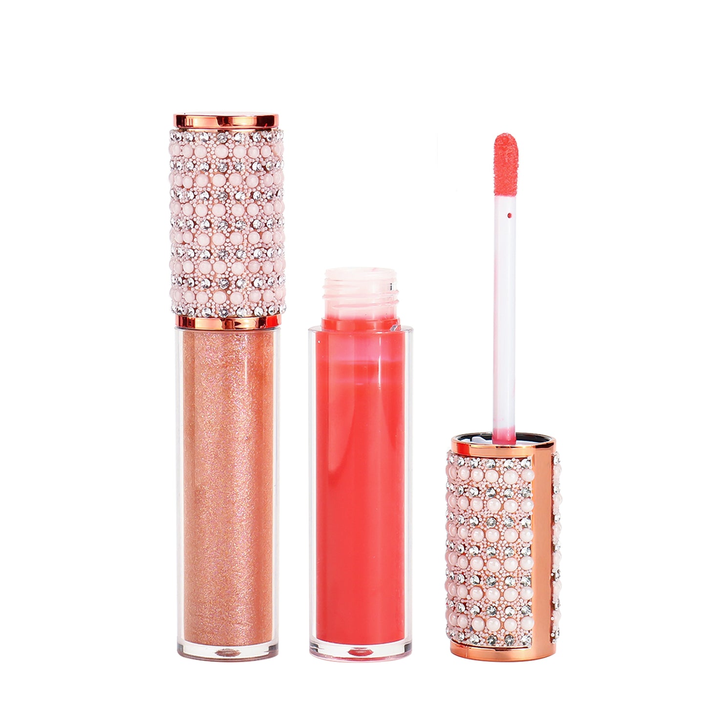 Luxurious Gold and Silver Cap Lip Gloss in Round Tube Adorned with Pearl and Diamond Embellished Caps, P49 Series