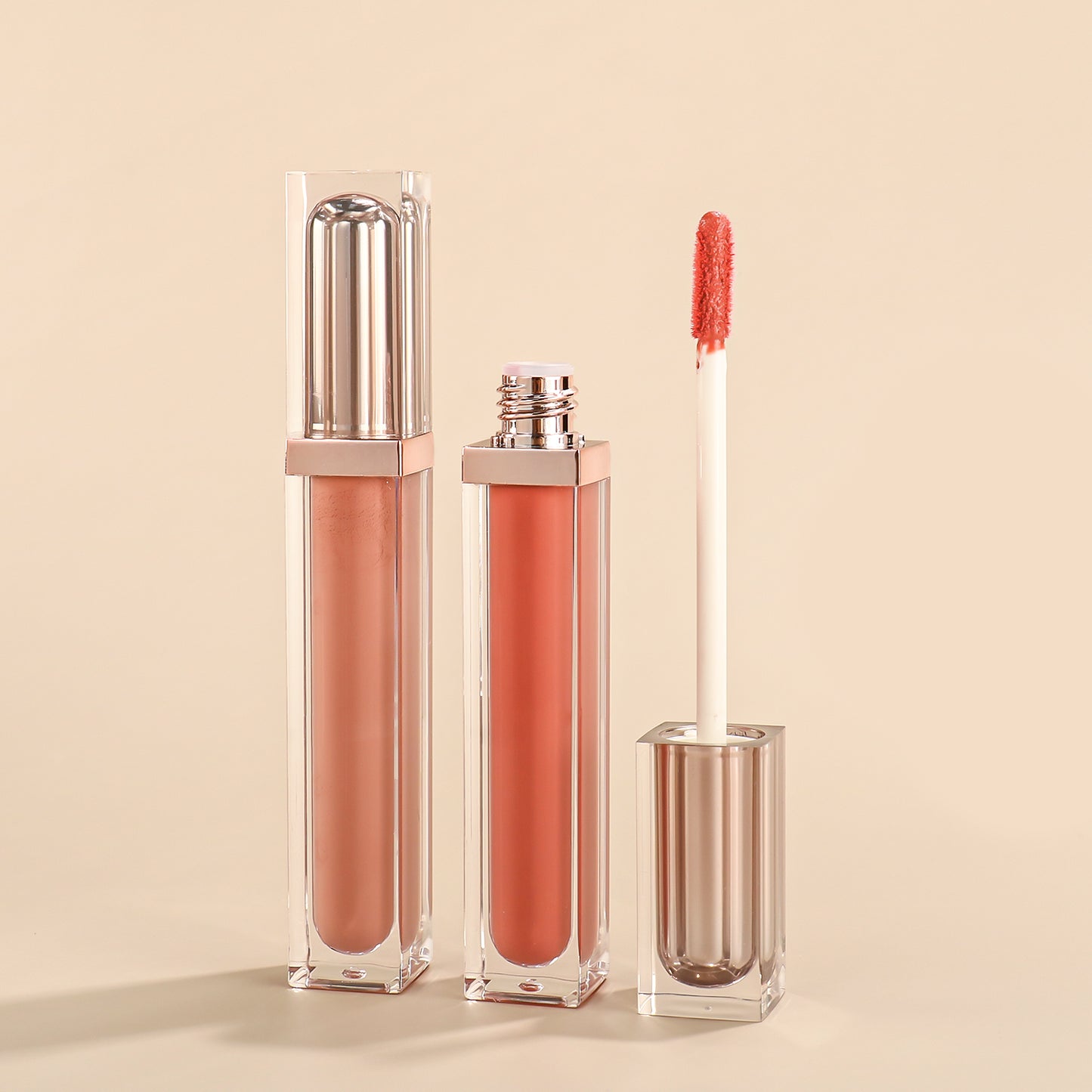 Sleek Long Square Lip Gloss Tube with Transparent Cover and Rose Gold / Sliver Double Caps, P75, P75-1