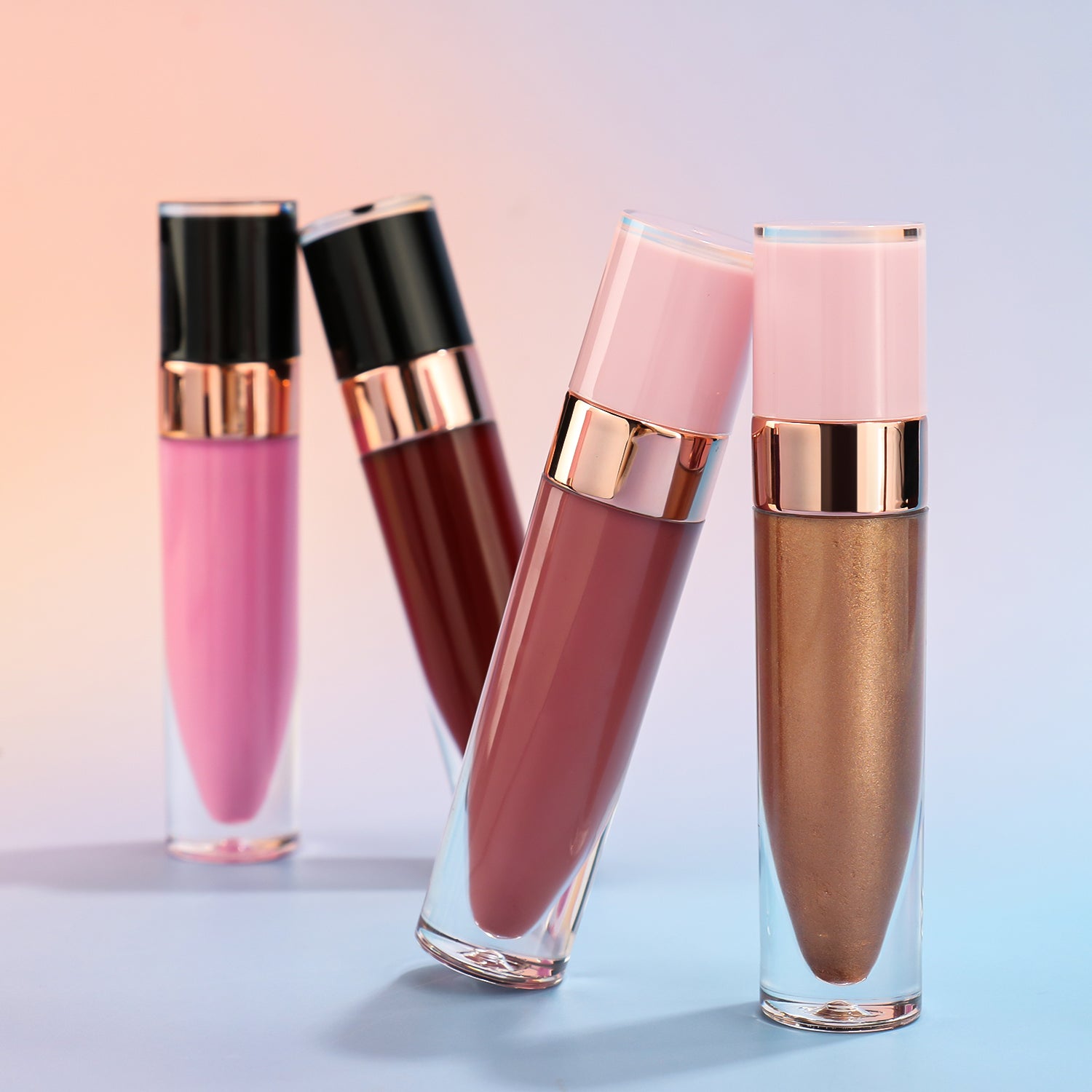 Chic Lip Gloss with Rose Gold Detail, Available in White, Pink, and Black Caps, P153 Series