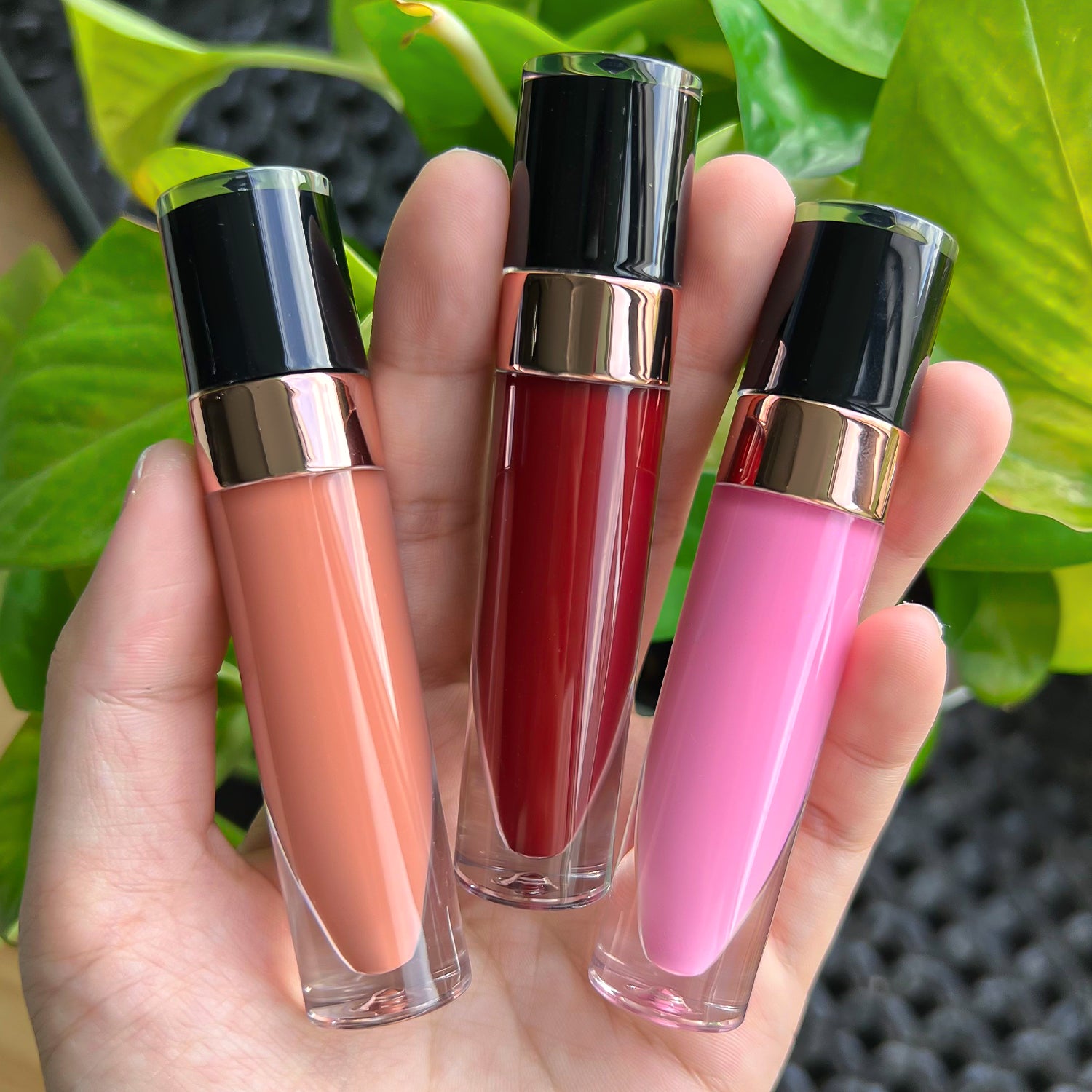 Chic Lip Gloss with Rose Gold Detail, Available in White, Pink, and Black Caps, P153 Series