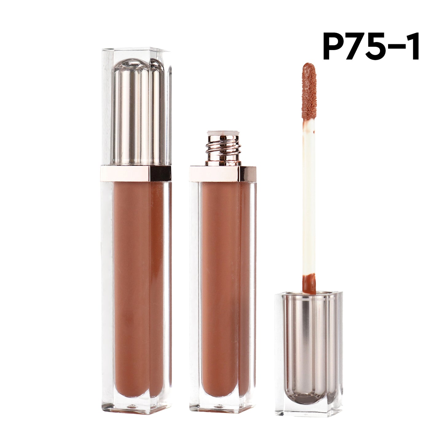 Sleek Long Square Lip Gloss Tube with Transparent Cover and Rose Gold / Sliver Double Caps, P75, P75-1