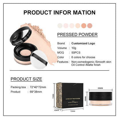 Silken Matte Finish Powder with Applicator Puff, Loose Setting Powder, 6 Colors, VP10