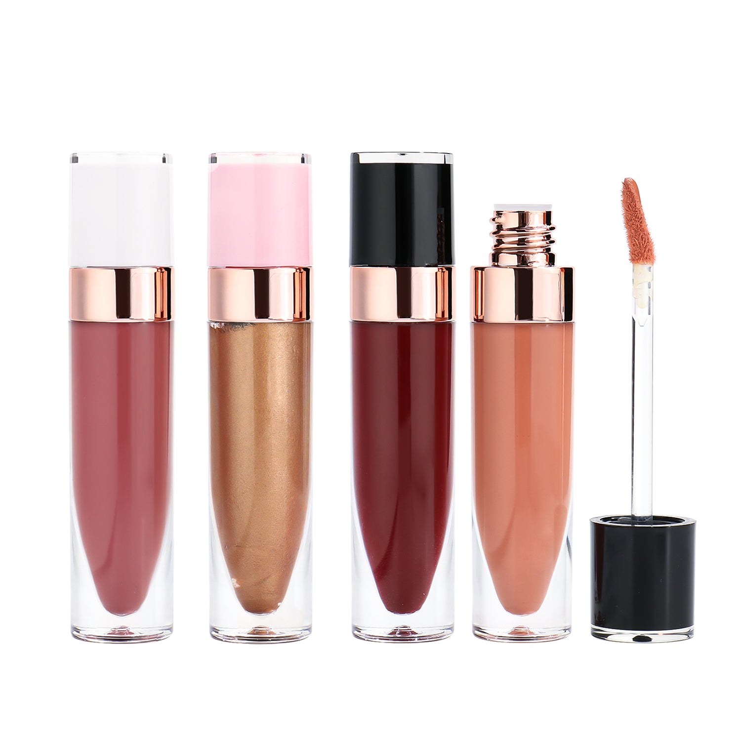 Chic Lip Gloss with Rose Gold Detail, Available in White, Pink, and Black Caps, P153 Series