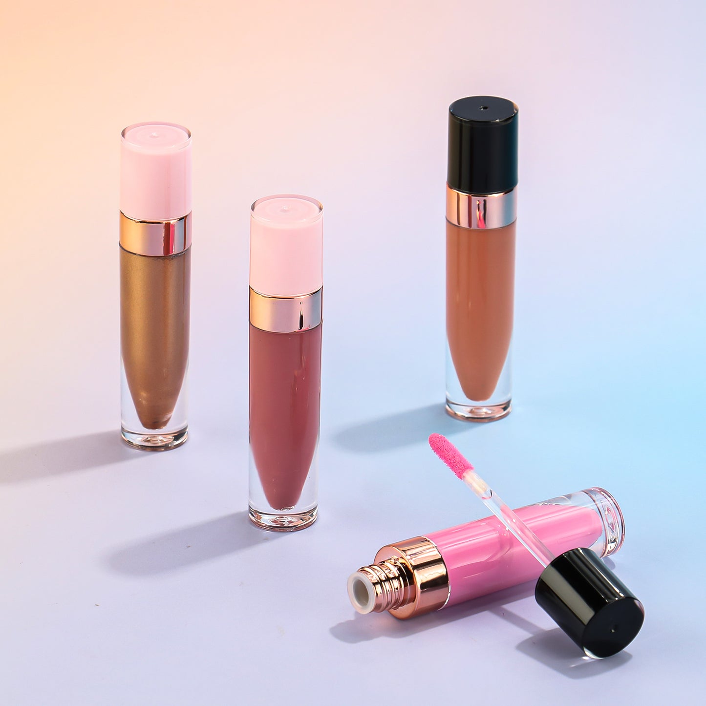 Chic Lip Gloss with Rose Gold Detail, Available in White, Pink, and Black Caps, P153 Series