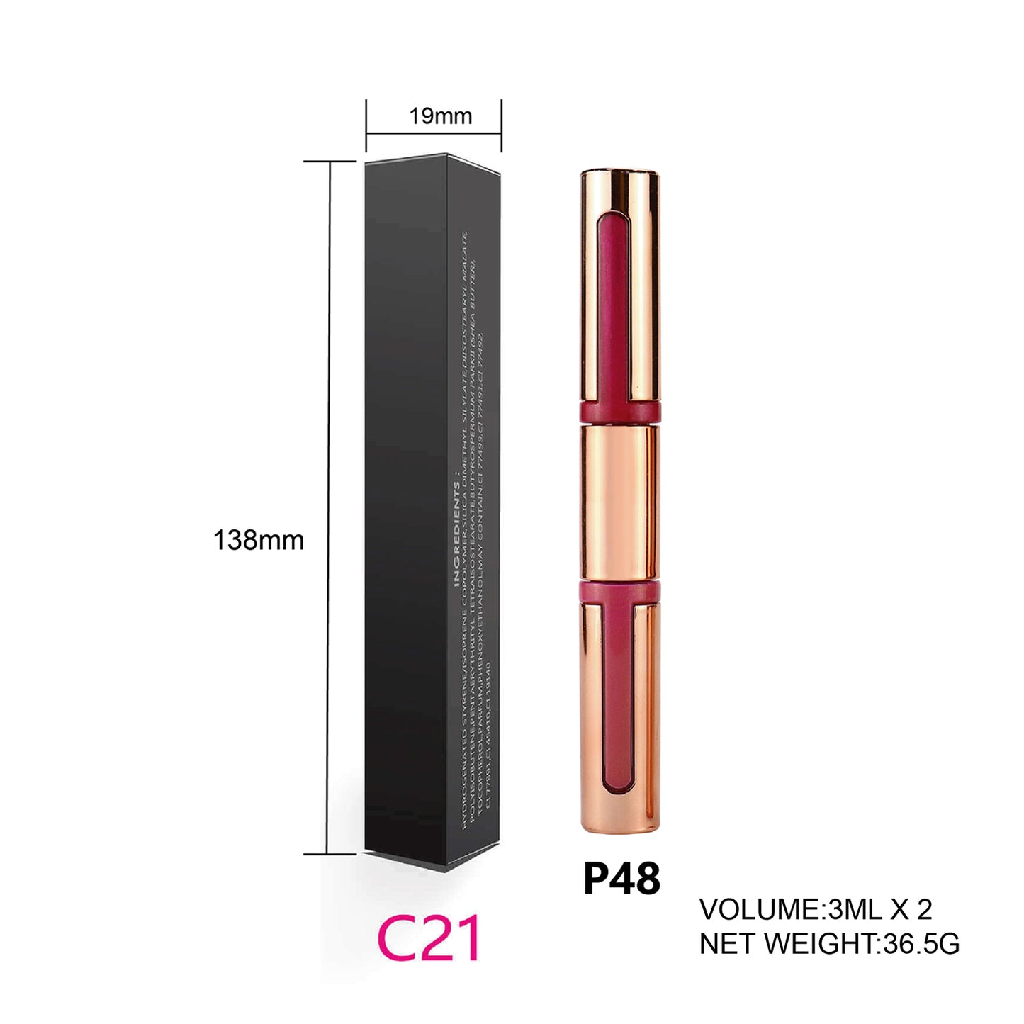 Round Tube Rose Gold Dual-Ended Lip Gloss, P48