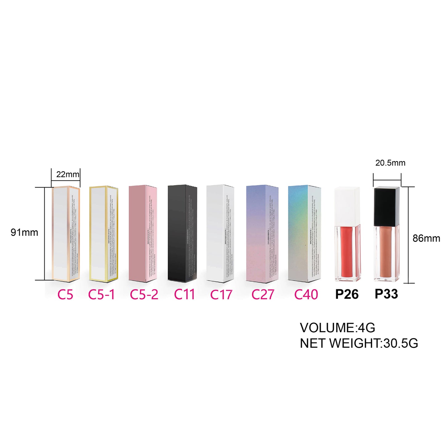 Sleek Square Transparent Lip Gloss Tube with Modern Black and White Caps, P26, P33