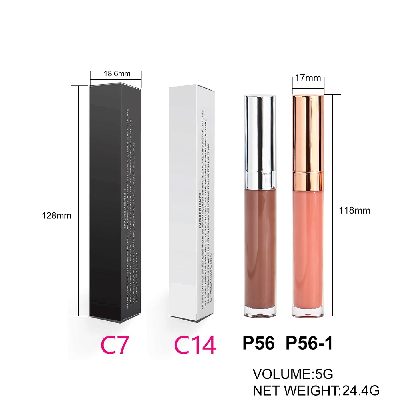 Elegant Lip Gloss Tubes - Rose Gold and Silver Caps - Smooth and Long-lasting, P56, P56-1