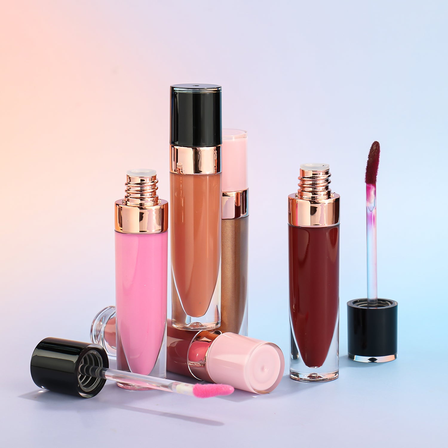 Chic Lip Gloss with Rose Gold Detail, Available in White, Pink, and Black Caps, P153 Series