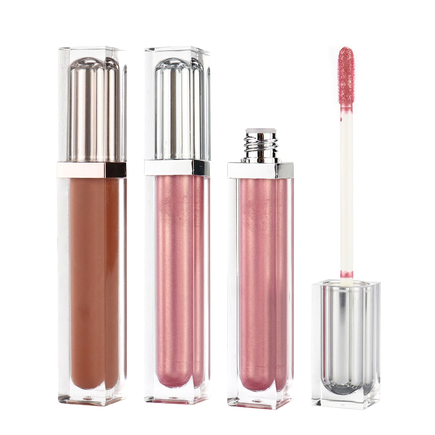 Sleek Long Square Lip Gloss Tube with Transparent Cover and Rose Gold / Sliver Double Caps, P75, P75-1