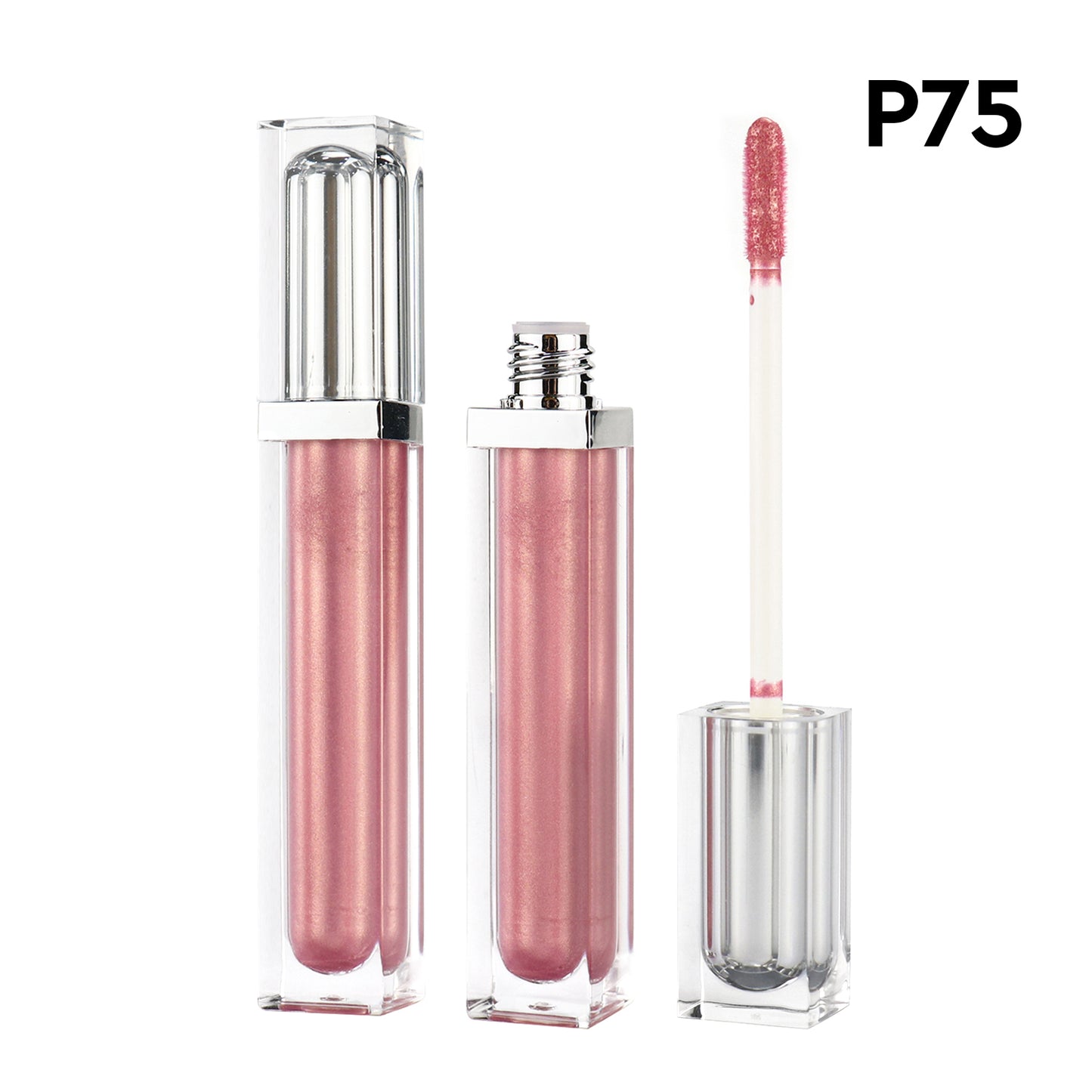 Sleek Long Square Lip Gloss Tube with Transparent Cover and Rose Gold / Sliver Double Caps, P75, P75-1